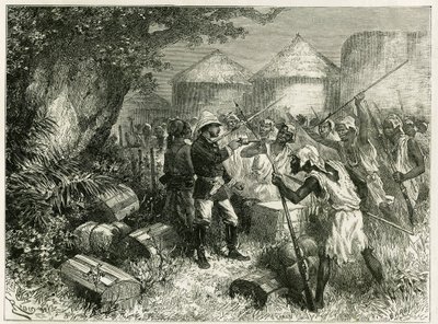 Løytnant Valliere forsvarer seg mot innbyggerne i Sibi (eller Siby), en Mandingo-landsby i Øvre Niger (dagens Mali), hvis innbyggere ble svært forstyrret av ankomsten av leteavdelingen. Gravering av Riou, basert på en skisse av av Edouard Riou