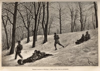 Luges et skaters au plateau du Mont-Royal, nær Montreal, gravering etter en tegning av Riou, illustrerer ekskursjonen til Canada og Riviere Rouge du nord, av H. De Lamotte, i 1873, publisert i "" Le tour du monde" "" 1875, redigert av Edouard Charton, av Edouard Riou