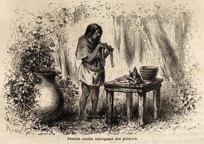 Produksjon av keramikk av en Conibo-indianer fra Peru, tegning av Riou for å illustrere reisen, fra 1848 til 1860, til P. Marcoy, fra Stillehavet til Atlanterhavet. Gravering i "" Le tour du monde"", redigert av Edouard Charton av Edouard Riou