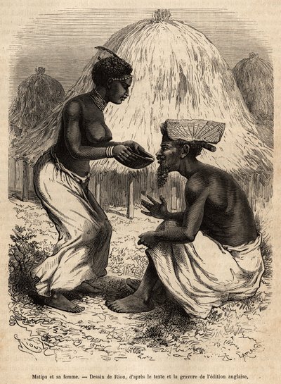 Matipa, en urfolk som ga kanoer til Livingstones team, ble servert drikking av sin kone, gravert etter en tegning av Riou, som illustrerer David Livingstones siste dagbok (1813-1873), i 1866-1873, publisert i "" Le tour du monde ”” 1875, redigert av Edouard Riou