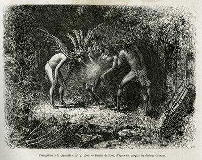 Medisinsk desinfisering med sigaretter i Roucouyan-indianerne. Gravering av Riou, for å illustrere historien om Cayenne aux Andes, av Jules Crevaux, lege for den franske marinen, i 1878-1879, publisert i Tour du monde, under ledelse av Edouard Charton av Edouard Riou