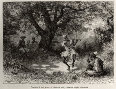 Møt to grioter, Kaptein Binger, som sitter i skyggen, nyter showet. Gravering av Riou, for å illustrere historien "" Fra Niger til Guineabukta"" av kaptein Louis Gustave Binger (1856-1936), i 1887-1889, i Le tour du monde, nouveau journal des voy av Edouard Riou