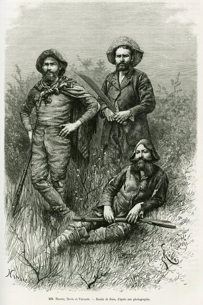 Medlemmer av ekspedisjonen: Mr. Thouar (forlengelse), Mr. Novis (stående til venstre) og Mr. Valverde (stående til høyre). Gravering av Riou, for å illustrere historien Voyage dans le Chaco Boreal av Edouard Riou