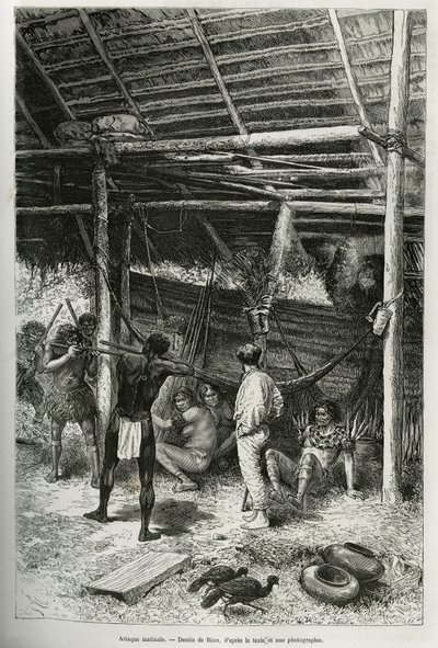 Morgenangrep på oppdagelsesreisendes hytte av indianere fra bredden av Amazonas. Gravering av Riou, for å illustrere historien om Cayenne aux Andes, av Jules Crevaux, lege for den franske marinen, i 1878-1879, publisert i Tour du monde, under ledelse av av Edouard Riou