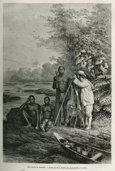 Observasjon ved teodolitten, Dr. Crevaux med sine måleinstrumenter og hans team av guider og portører, i full arbeidssesjon, gravering etter en tegning av Riou, for å illustrere historien De Cayenne aux Andes, av Jules Crevaux, doktor i den franske marinen av Edouard Riou