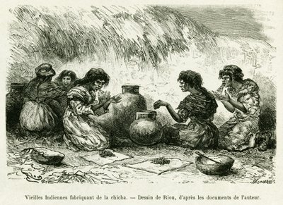 Gamle indiske kvinner som lager shisha. Gravering av Riou, for å illustrere historien Journey in the Pilcomayo Delta og fra Buenos Aires til Sucre av Edouard Riou
