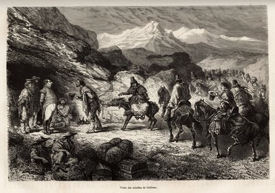 P.Marcoy finner en venn, som ble en åndsoberst og post i en hule nær innsjøen Cailloma, sammen får de besøk av byens bemerkelsesverdige personer, etset etter en tegning av E.Riou, som illustrerer reisen i fjellene , Huarancalqui v av Edouard Riou