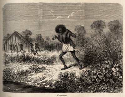 Panikk blant Conibos-indianerne, som flyktet ved ankomsten av Paul Marcoys ekspedisjon nær Tumbaya (Peru), som selv ble offer for en ond besvergelse av en gammel indianer, tegnet av Riou for å illustrere reisen, fra 1848 til 1860, av P Marcoy, fra th av Edouard Riou