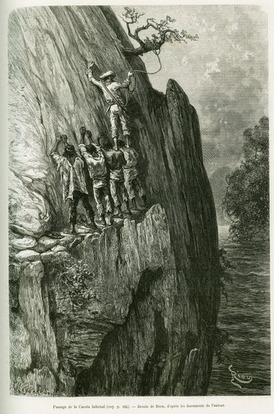 Passasje av helvetesbakken. Gravering av Riou, for å illustrere historien Journey in the Pilcomayo Delta og fra Buenos Aires til Sucre av Edouard Riou