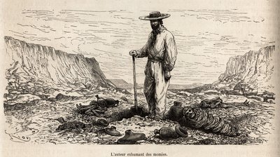 Paul Marcoy exhumant des mummies Incas (Bas Peru), gravering av E.Riou som illustrerer reisen i fjellene, Huarancalqui-dalen og regionene i Pjonal, fra 1862 til 1863, av Paul Marcoy, publisert i "Le tour du monde" ” 1875, redigert av Edou av Edouard Riou