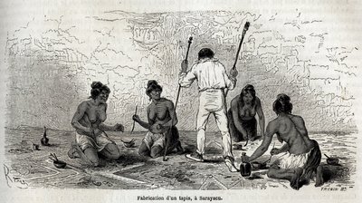 Paul Marcoy lærte å lage et teppe med enkene i Sarayacu (Peru), tegning av Riou, for å illustrere Paul Marcoys reise fra Stillehavet til Atlanterhavet fra 1848 til 1860. Gravering i “” Le tour du monde””, redigert av Edouard Charton av Edouard Riou