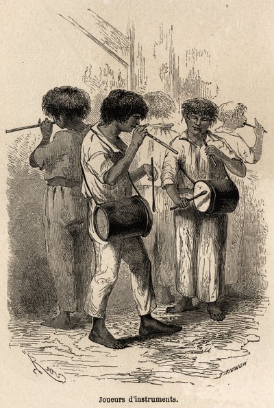 Spillere av musikkinstrumenter i Sarayacu (Peru), tegning av Riou, for å illustrere Paul Marcoys reise fra Stillehavet til Atlanterhavet fra 1848 til 1860. Gravering i “” Le tour du monde””, redigert av Edouard Charton av Edouard Riou