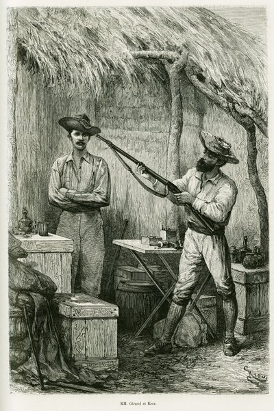 Portrett av forfatteren Victor Giraud, en skipsfenrik og hans reisende, Montagu Kerr, en jeger. Gravering av Riou, for å illustrere historien Les lacs de l