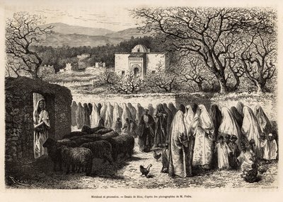 Prosesjon til Marabout de Tlemcen (grav med en kuppel av en mann fra islam), gravert etter en tegning av E.Riou, som illustrerer reisen til Tlemcen (Algeria), av E. de Lorral, i 1875, publisert i "" Le tour du monde””” 1875, redigert av Edouard C av Edouard Riou