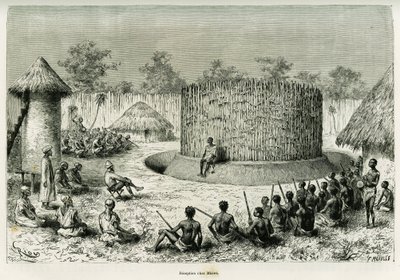 Mottak hos Mkwewe, stammesjef, med fortelleren. Gravering av Riou for å illustrere historien Les lacs de l