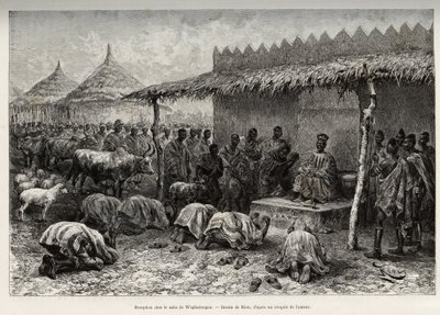 Mottak på naba Sanem, fra Mossi-riket (eller Mosse) i Waghadougou (Ouagadougou, Burkina Faso). Gravering av Riou, for å illustrere historien "" Fra Niger til Guineebukta"" av kaptein Louis Gustave Binger (1856-1936), i 1887-1889, i Le tou av Edouard Riou