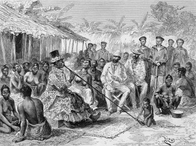 Savorgnan de Brazza palaver med Renoké, landsbyleder i Vest-Afrika - i ""Tour du Monde"", 2. uke 1887 av Edouard Riou