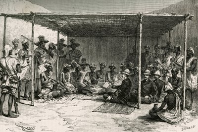 Signering av traktaten som plasserte landet Kita (tidligere fransk Sudan, dagens Mali) under protektoratet til Frankrike 25. april 1880 mellom kommandør Joseph Gallieni (1849-1916) og Tokontan Keita. Gravering av Riou, basert på en skisse av au av Edouard Riou