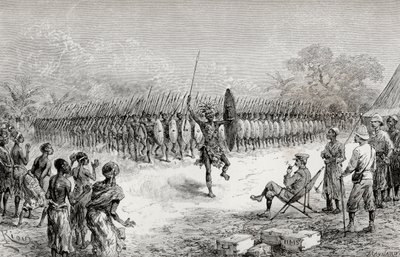 Sir Henry Morton Stanley ser på en falanksdans av Mazambonis krigere ved Usiri, 1890 (tregravering) av Edouard Riou