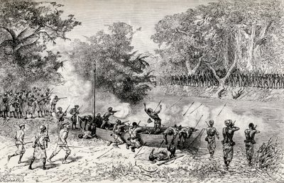 Sir Henry Morton Stanleys Emin Pasha Relief Expedition ble angrepet av Avisibba-kannibaler ved bruk av forgiftede piler, 1890 (tregravering) av Edouard Riou