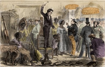 Slavemarked i Rio de Janeiro, Brasil - Et slavesalg i Rio de Janeiro, tegning av Riou av Edouard Riou