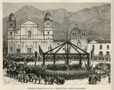 Cathedrale of Bogotá, på Bolivar Square (Colombia), under den årlige feiringen av uavhengigheten (18. desember), for denne anledningen, ble det satt opp en ephemere kiosk for å huse bandorkesteret, tegnet av E.Riou, for å illustrere reisen til jevndøgn av Edouard Riou