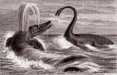 Ichtyosaurus og Plesiosaurus av Edouard Riou