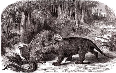 Iguanodon og Megalosaurus av Edouard Riou