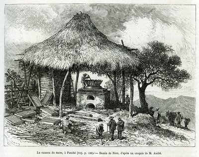 The Sugar Baking Oven, i Panche (Colombia), tegning av Riou, for å illustrere historien om Equinoxiale America (Colombia, Ecuador, Peru), i 1875-1876, av Ed. andre, reiseoppdrag fra den franske regjeringen. Gravering i Le tour du monde av Edouard Riou