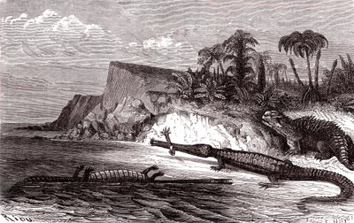 Teleosaurus og Hyleosaurus av Edouard Riou