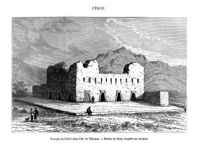 The Temple of the Sun på øya Titicaca, Peru, 1800-tallet av Edouard Riou