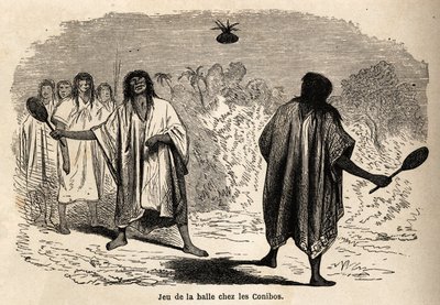 Ballspillet, blant de indiske koniboene i Peru, tegnet av Riou for å illustrere reisen, fra 1848 til 1860, til P. Marcoy, fra Stillehavet til Atlanterhavet. Gravering i "" Le tour du monde"", redigert av Edouard Charton av Edouard Riou