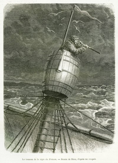 Tønnen til uret av båten Proven, tegning av Riou, for å illustrere historien om professor Nils Adolf Erik (Eric) Baron Nordenskjold (Nordenskiold) (1832-1901): Svensk polarekspedisjon, i 1875. Gravering i Le tour du monde av Edouard Riou