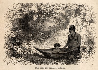 Badet til barnet i et palmeblad. Tegning av Riou, for å illustrere seilasen fra Stillehavet til Atlanterhavet av Edouard Riou