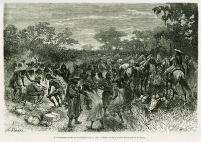 Leiren invadert av indianerne. Gravering av Riou, for å illustrere historien Voyage dans le Chaco Boreal av Edouard Riou
