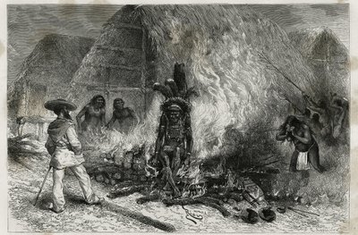 Kremeringen av en Roucouyenne (eller wayana), stamme som bor langs elvene Mana og Maroni, vendt mot Bucher, Dr. Crevaux, gravering av Riou, for å illustrere utforskningsreisen i det indre av Guyana av Dr. Jules Crevaux, lege ved den franske marinen, av Edouard Riou