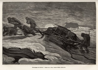 Mannskapet på skipet La Germania, som gikk ned på isen for en jaktlek, fortsatte med å taue sleden sin på isen mens solen går ned, gravering etter tegningen av E.Riou, som illustrerer en reise til Nordpolen i 1869- 1870 av kapteinen på skipet La av Edouard Riou