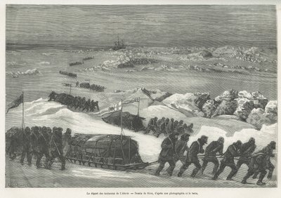 Avgangen til Alert-sledene, skipet til polarekspedisjonen, tegnet av Riou, for å illustrere historien om en reise til polarhavet i 1875-1876, av kaptein G.S.Nares. Gravering i Le tour du monde av Edouard Riou