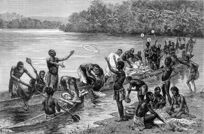 De forskjellige aktivitetene til stammen i landsbyen Adouma i Afrika. I «Journey in the West African»» av Brazza av Edouard Riou
