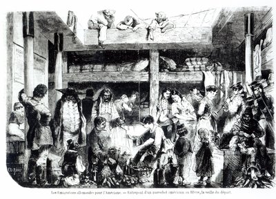 Kvelden før avreise til Amerika - Tyske emigranter drar til USA i styreseksjonen til en amerikansk rutebåt ved havnen i Le Havre, ca. 1850 av Edouard Riou