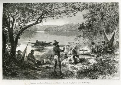 Oppdagelsesleiren, ved sammenløpet av Orenoque og Cabullero-elven. Gravering av Riou, for å illustrere utforskningsreisen gjennom New Granada og Venezuela, av Doctor Crevaux, førsteklasses lege ved marinen og E.Lejeanne, marine pharma av Edouard Riou