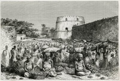 Fruktmarkedet på Zanzibar (Tanzania). Gravering av Riou, for å illustrere historien "" Reisen til Benadir, Omalis og Bayoun"", i 1882-1883, av M.G.Revoil. Publisert i Le Tour du monde, nouveau journal des voyages av Edouard Riou