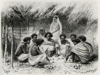 Spillet med koppen, eller fluespillet, foran hver spiller sin innsats, her en eggplante i sanden, så venter alle i stillhet på at en flue skal lande på et egg og trekker vinneren som vinner alle innsatser, på somali (eller somali). Gravering av Riou, for å av Edouard Riou
