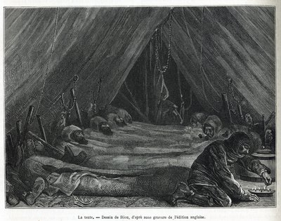 Det indre av teltet på isflaket, tegning av Riou, for å illustrere historien om en reise til polarhavet i 1875-1876, av kaptein G.SNares (1831-1915). Gravering i Le tour du monde av Edouard Riou