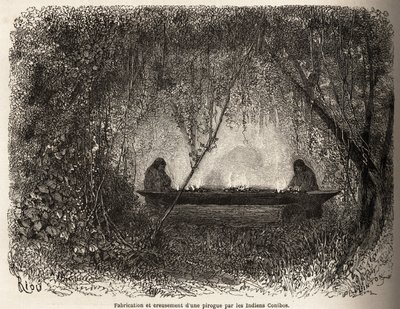 Produksjonen av en kano, evakuert ved brann, av Conibo-indianerne i Peru, tegning av Riou for å illustrere reisen, fra 1848 til 1860, til P. Marcoy, fra Stillehavet til Atlanterhavet. Gravering i "" Le tour du monde"", redigert av Edouard Cha av Edouard Riou