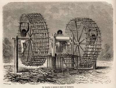 Kvernen for å male sukkerrør fra Sarayacu (Peru), tegning av Riou, for å illustrere Paul Marcoys reise fra Stillehavet til Atlanterhavet fra 1848 til 1860. Gravering i “” Le tour du monde””, redigert av Edouard Charton av Edouard Riou