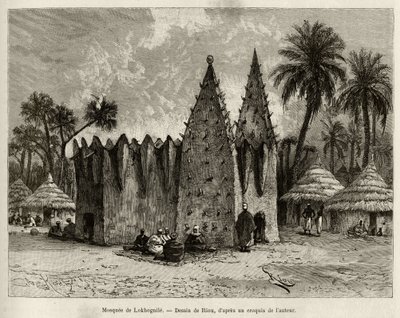 Moskeen i Lokhognile (Guineabukta). Gravering av Riou, for å illustrere historien "" Fra Niger til Guineebukta"" av kaptein Louis Gustave Binger (1856-1936), i 1887-1889, i Le tour du monde, nouveau journal des voyages, under ledelse av av Edouard Riou