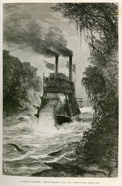 Passasjen av Angostura (Colombia), av dampbåten til ekspedisjonen, tegning av E.Riou, for å illustrere reisen til jevndøgn Amerika (Colombia, Ecuador, Peru), i 1875-1876, av Edouard Andre (1833-1894) , reisende belastet med et oppdrag av Fr av Edouard Riou