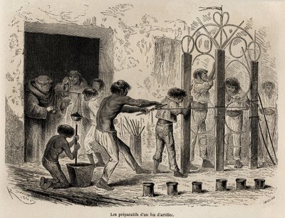 Forberedelse av fyrverkeri i Sarayacu (Peru), tegning av Riou, for å illustrere Paul Marcoys reise fra Stillehavet til Atlanterhavet fra 1848 til 1860. Gravering i “” Le tour du monde””, redigert av Edouard Charton av Edouard Riou