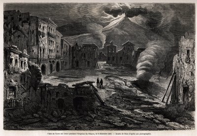 Torget i Torre del Greco, under utbruddet av Vesuve, 8. desember 1861, tegning av Riou, for å illustrere vandringene rundt Napoli av Marc Monnier, i 1862. Gravering i "" Le tour du monde"", redigert av Edouard Charton av Edouard Riou
